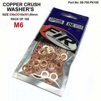 COPPER WASHER M6 PK OF 100, SIZE ID6 x OD10 x W1.00mm