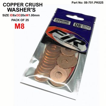 COPPER WASHER M8 PK OF 25, SIZE ID8 x OD20 x W1.00mm