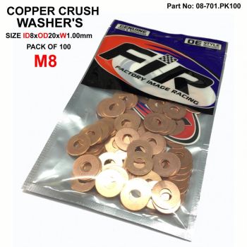 COPPER WASHER M8 PK OF 100, SIZE ID8 x OD20 x W1.00mm