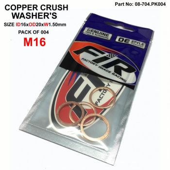 COPPER WASHER M16 PK OF 4, SIZE ID16 x OD20 x W1.50mm