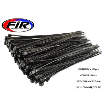 NYLON CABLE ZIP TIES - BLACK, 100mm x 2.5mm - PACK OF 100